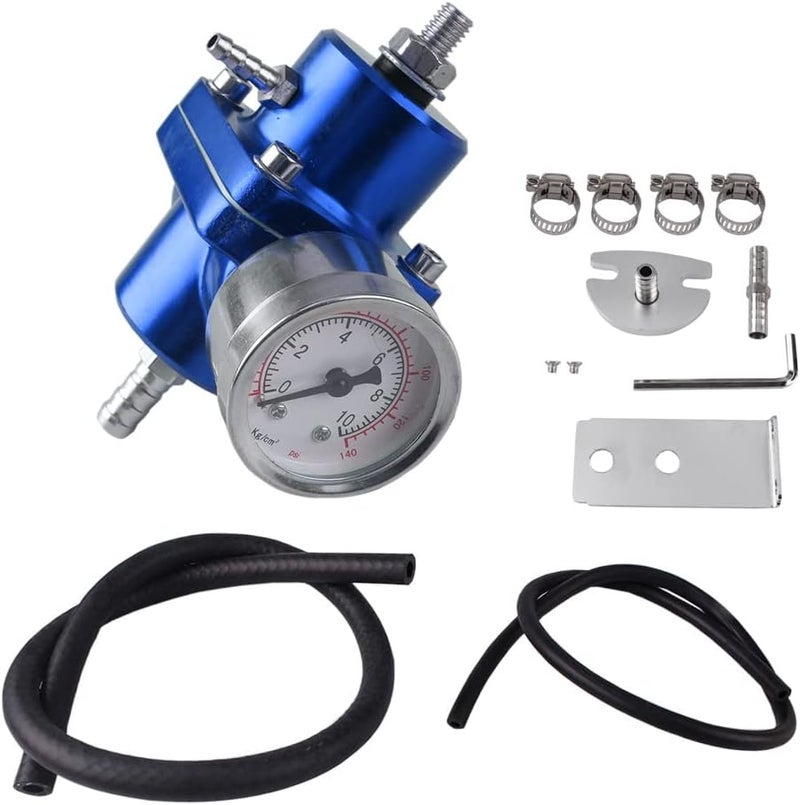 BARTOO Universal Adjustable Fuel Pressure Regulator Kit, Aluminum Fuel Regulator,Adjustable Gas Oil Injection Pressure Regulator with 0-140 PSI Gauge -Blue - Image 1